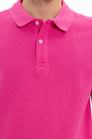 Erkek Slim Fit Dar Kesim %100 Pamuk Kısa Kollu Polo Yaka Pembe Tişört
