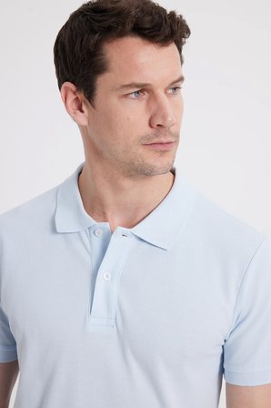 Erkek Slim Fit Dar Kesim %100 Pamuk Kısa Kollu Polo Yaka Turkuaz Tişört