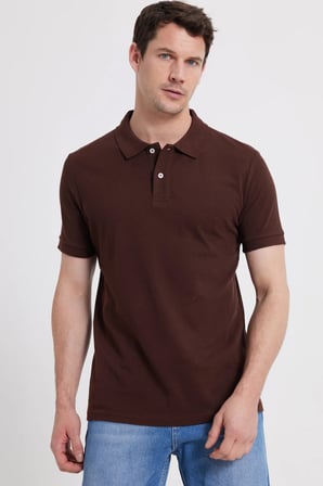 Erkek Slim Fit Dar Kesim %100 Pamuk Kısa Kollu Polo Yaka Kahverengi Tişört