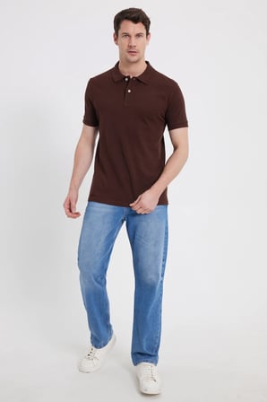 Erkek Slim Fit Dar Kesim %100 Pamuk Kısa Kollu Polo Yaka Kahverengi Tişört