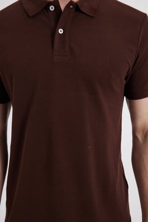 Erkek Slim Fit Dar Kesim %100 Pamuk Kısa Kollu Polo Yaka Kahverengi Tişört