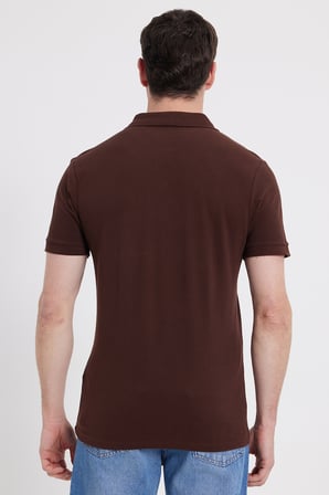 Erkek Slim Fit Dar Kesim %100 Pamuk Kısa Kollu Polo Yaka Kahverengi Tişört