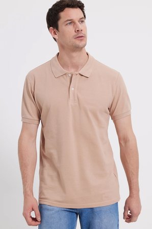 Erkek Slim Fit Dar Kesim %100 Pamuk Kısa Kollu Polo Yaka Bej Tişört