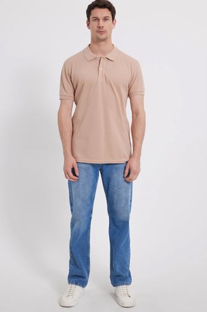 Erkek Slim Fit Dar Kesim %100 Pamuk Kısa Kollu Polo Yaka Bej Tişört