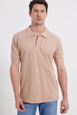 Erkek Slim Fit Dar Kesim %100 Pamuk Kısa Kollu Polo Yaka Bej Tişört