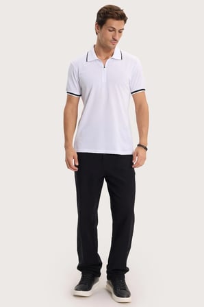 Erkek Slim Fit Dar Kesim %100 Pamuk Jakarlı Düz Yaka ve Kol Detaylı Beyaz Polo Yaka Tişört