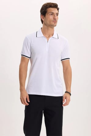 Erkek Slim Fit Dar Kesim %100 Pamuk Jakarlı Düz Yaka ve Kol Detaylı Beyaz Polo Yaka Tişört