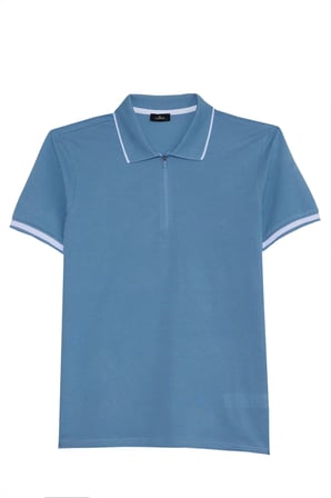 Erkek Slim Fit Dar Kesim %100 Pamuk Jakarlı Düz Yaka ve Kol Detaylı Mavi Polo Yaka Tişört
