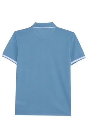 Erkek Slim Fit Dar Kesim %100 Pamuk Jakarlı Düz Yaka ve Kol Detaylı Mavi Polo Yaka Tişört