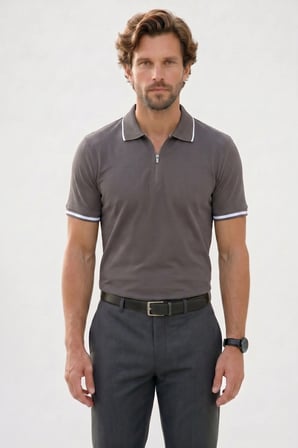 Erkek Slim Fit Dar Kesim %100 Pamuk Jakarlı Düz Yaka ve Kol Detaylı Gri Polo Yaka Tişört