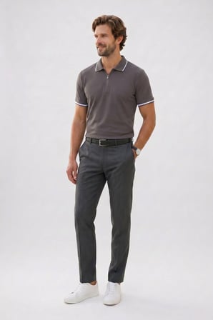 Erkek Slim Fit Dar Kesim %100 Pamuk Jakarlı Düz Yaka ve Kol Detaylı Gri Polo Yaka Tişört