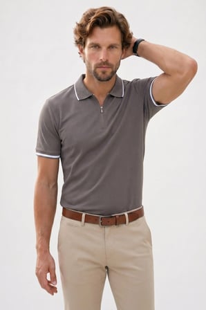 Erkek Slim Fit Dar Kesim %100 Pamuk Jakarlı Düz Yaka ve Kol Detaylı Gri Polo Yaka Tişört