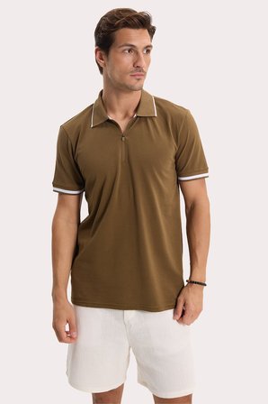 Erkek Slim Fit Dar Kesim %100 Pamuk Jakarlı Düz Yaka ve Kol Detaylı Kahverengi Polo Yaka Tişört