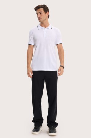 Erkek Regular Fit Rahat Kesim %100 Pamuk Kısa Kollu Çizgi Detaylı Beyaz Polo Yaka Tişört