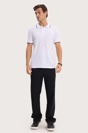 Erkek Regular Fit Rahat Kesim %100 Pamuk Kısa Kollu Çizgi Detaylı Beyaz Polo Yaka Tişört