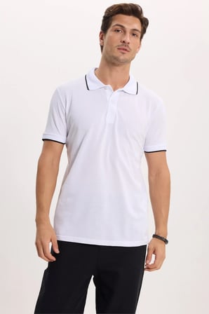 Erkek Regular Fit Rahat Kesim %100 Pamuk Kısa Kollu Çizgi Detaylı Beyaz Polo Yaka Tişört