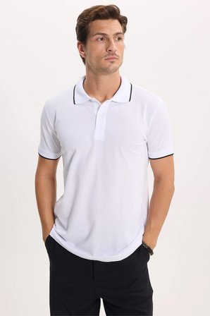 Erkek Regular Fit Rahat Kesim %100 Pamuk Kısa Kollu Çizgi Detaylı Beyaz Polo Yaka Tişört