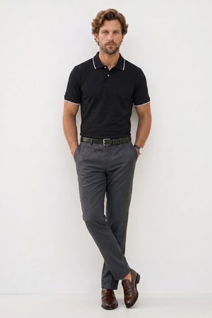Erkek Regular Fit Klasik Kesim %100 Pamuk Kısa Kollu Çizgi Detaylı  Siyah Polo Yaka Tişört