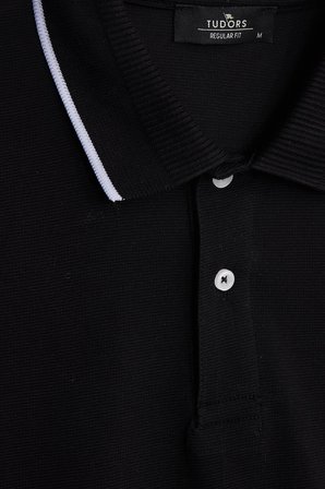 Erkek Regular Fit Klasik Kesim %100 Pamuk Kısa Kollu Çizgi Detaylı  Siyah Polo Yaka Tişört