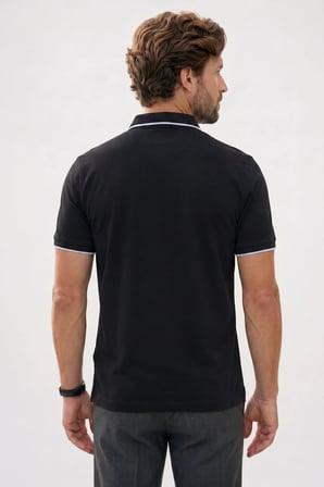Erkek Regular Fit Klasik Kesim %100 Pamuk Kısa Kollu Çizgi Detaylı  Siyah Polo Yaka Tişört