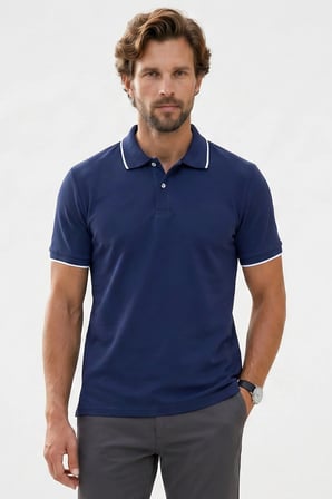 Erkek Regular Fit Klasik Kesim %100 Pamuk Kısa Kollu Çizgi Detaylı Lacivert Polo Yaka Tişört