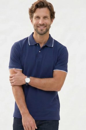 Erkek Regular Fit Klasik Kesim %100 Pamuk Kısa Kollu Çizgi Detaylı Lacivert Polo Yaka Tişört