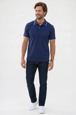 Erkek Regular Fit Klasik Kesim %100 Pamuk Kısa Kollu Çizgi Detaylı Lacivert Polo Yaka Tişört