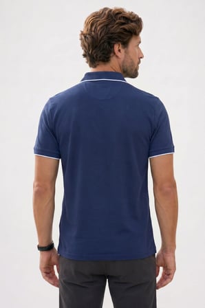 Erkek Regular Fit Klasik Kesim %100 Pamuk Kısa Kollu Çizgi Detaylı Lacivert Polo Yaka Tişört