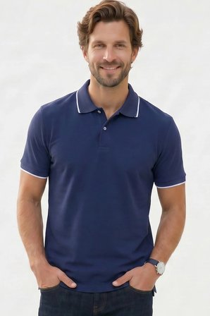 Erkek Regular Fit Klasik Kesim %100 Pamuk Kısa Kollu Çizgi Detaylı Lacivert Polo Yaka Tişört
