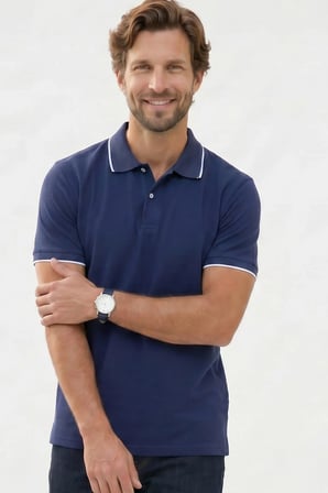 Erkek Regular Fit Klasik Kesim %100 Pamuk Kısa Kollu Çizgi Detaylı Lacivert Polo Yaka Tişört
