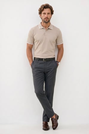 Erkek Regular Fit Klasik Kesim %100 Pamuk Kısa Kollu Çizgi Detaylı Bej Polo Yaka Tişört
