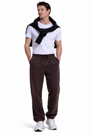 Erkek Kahverengi Pamuklu Baggy Fit Rahat Kesim Beli Bağcıklı Yan Cepli Örme Eşofman Altı