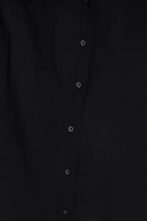 Kadın Oversize Rahat Kesim Uzun Kollu Düz Viskonlu Siyah Gömlek