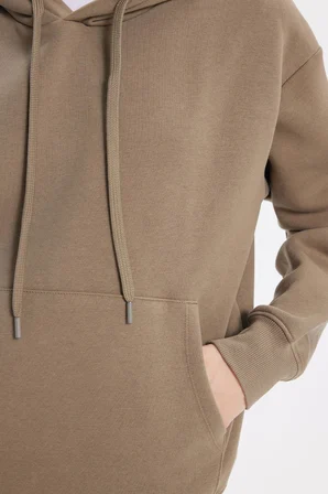 Kadın Oversize Geniş Kesim Pamuklu Yumuşak Dokulu İçi Polarlı Basic Yeşil Kapüşonlu Sweatshirt