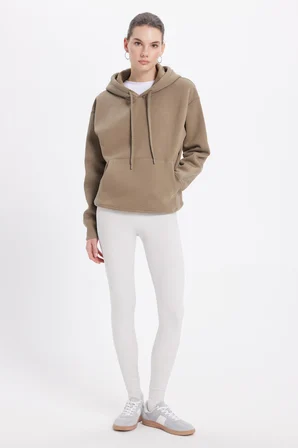 Kadın Oversize Geniş Kesim Pamuklu Yumuşak Dokulu İçi Polarlı Basic Yeşil Kapüşonlu Sweatshirt