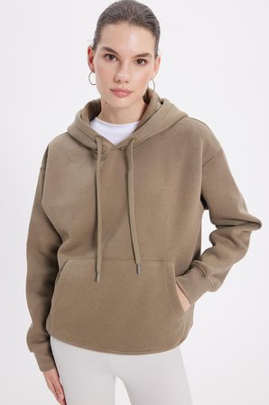 Kadın Oversize Geniş Kesim Pamuklu Yumuşak Dokulu İçi Polarlı Basic Yeşil Kapüşonlu Sweatshirt