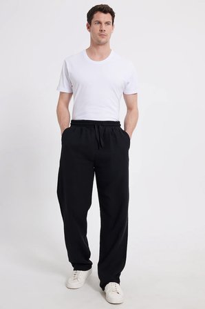 Erkek Baggy Fit Geniş Kesim %100 Pamuk Beli Lastikli Yandan Cepli Müslin Siyah Düz Pantolon