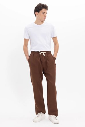 Erkek Baggy Fit Geniş Kesim %100 Pamuk Beli Lastikli Yandan Cepli Müslin Kahverengi Düz Pantolon