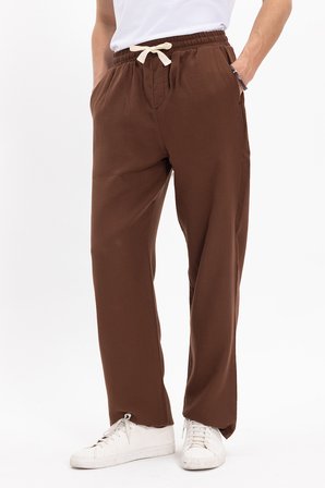Erkek Baggy Fit Geniş Kesim %100 Pamuk Beli Lastikli Yandan Cepli Müslin Kahverengi Düz Pantolon