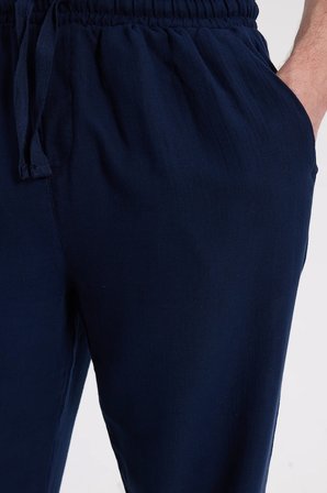 Erkek Baggy Fit Geniş Kesim %100 Pamuk Beli Lastikli Yandan Cepli Müslin Lacivert Düz Pantolon