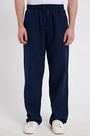 Erkek Baggy Fit Geniş Kesim %100 Pamuk Beli Lastikli Yandan Cepli Müslin Lacivert Düz Pantolon