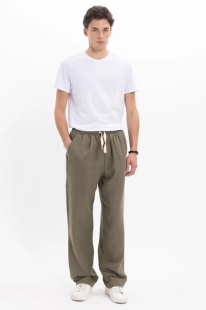 Erkek Baggy Fit Geniş Kesim %100 Pamuk Beli Lastikli Yandan Cepli Müslin Haki Düz Pantolon