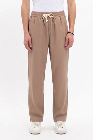 Erkek Baggy Fit Geniş Kesim %100 Pamuk Beli Lastikli Yandan Cepli Müslin Bej Düz Pantolon