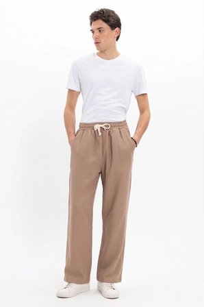 Erkek Baggy Fit Geniş Kesim %100 Pamuk Beli Lastikli Yandan Cepli Müslin Bej Düz Pantolon
