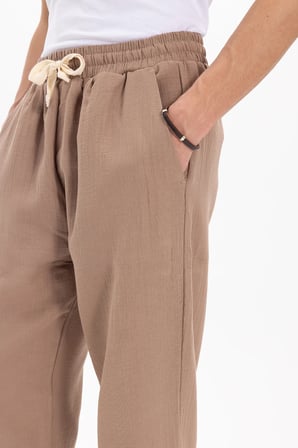Erkek Baggy Fit Geniş Kesim %100 Pamuk Beli Lastikli Yandan Cepli Müslin Bej Düz Pantolon