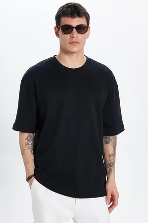 Unisex Oversize Geniş Kesim %100 Pamuk Yumuşak Dokulu Basic Bisiklet Yaka Siyah Tişört