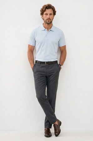 Erkek Slim Fit Dar Kesim Premium Seri %100 Pamuk Yumuşak Dokulu Merserize Açık Mavi Polo Yaka Tişört 