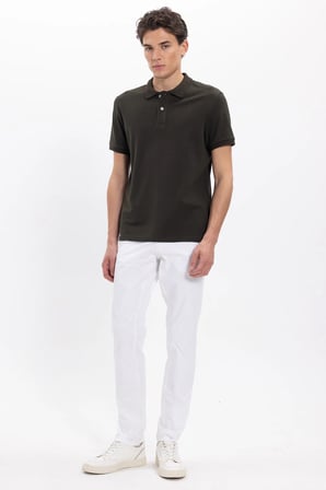 Erkek Slim Fit Dar Kesim %100 Pamuk Kısa Kollu Polo Yaka Haki Tişört