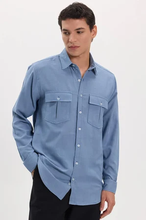 Erkek Regular Fit Klasik Kesim Oversize %100 Pamuk Keten Doku Çift Cep İndigo Gömlek