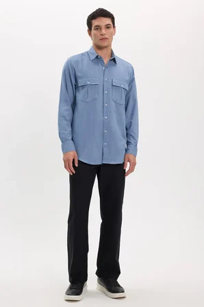 Erkek Regular Fit Klasik Kesim Oversize %100 Pamuk Keten Doku Çift Cep İndigo Gömlek